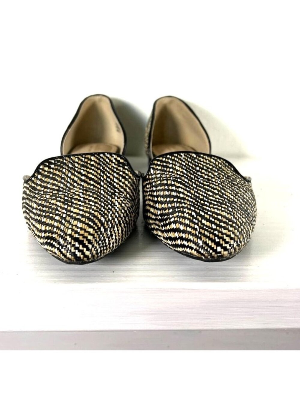 Isaac Mizrahi Woven Raffia Look D'Orsay Flats Pointed Toe Tan Black Sz 8 Office - Picture 4 of 10